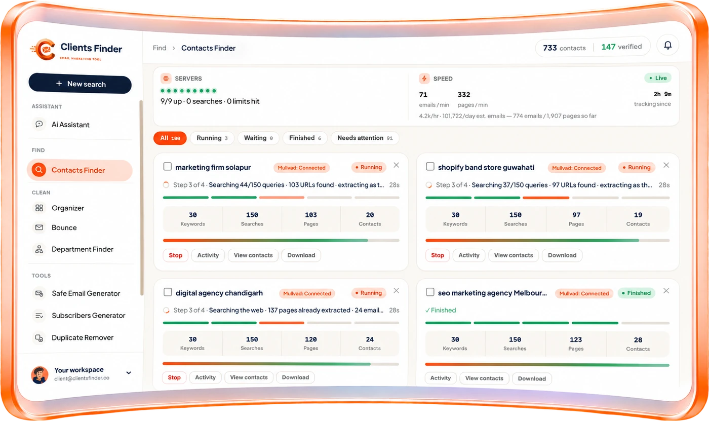 Clients Finder Contacts Finder running four searches with live servers and speed stats